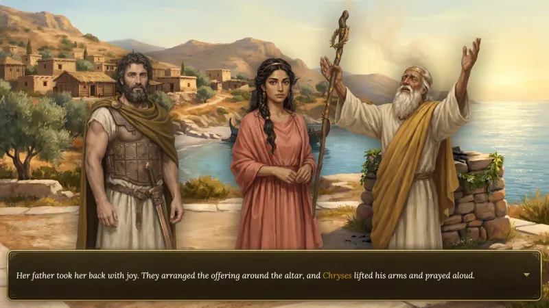 Chryses raising his arms in prayer at the altar as his daughter is returned